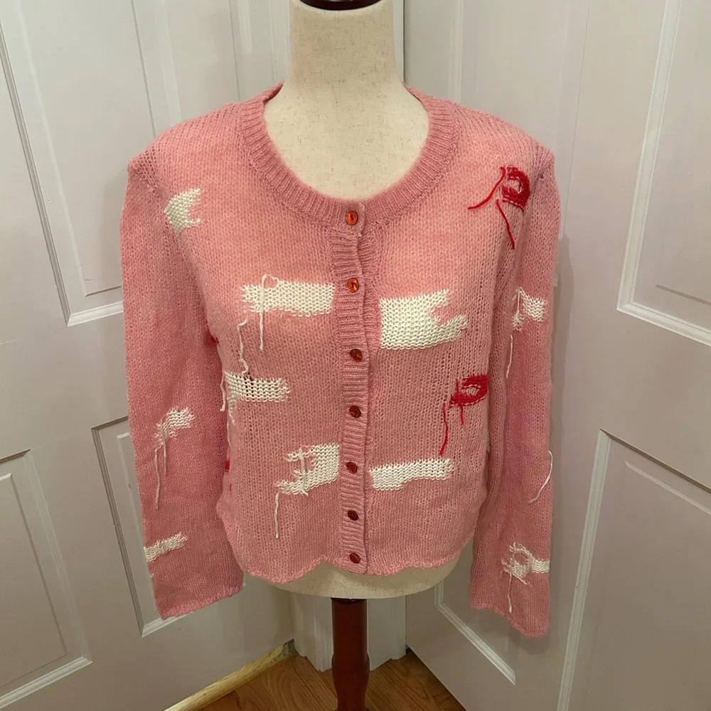NWT ZARA Distressed‎ Knit Cropped Cardigan Sweater Pink Red White Medium